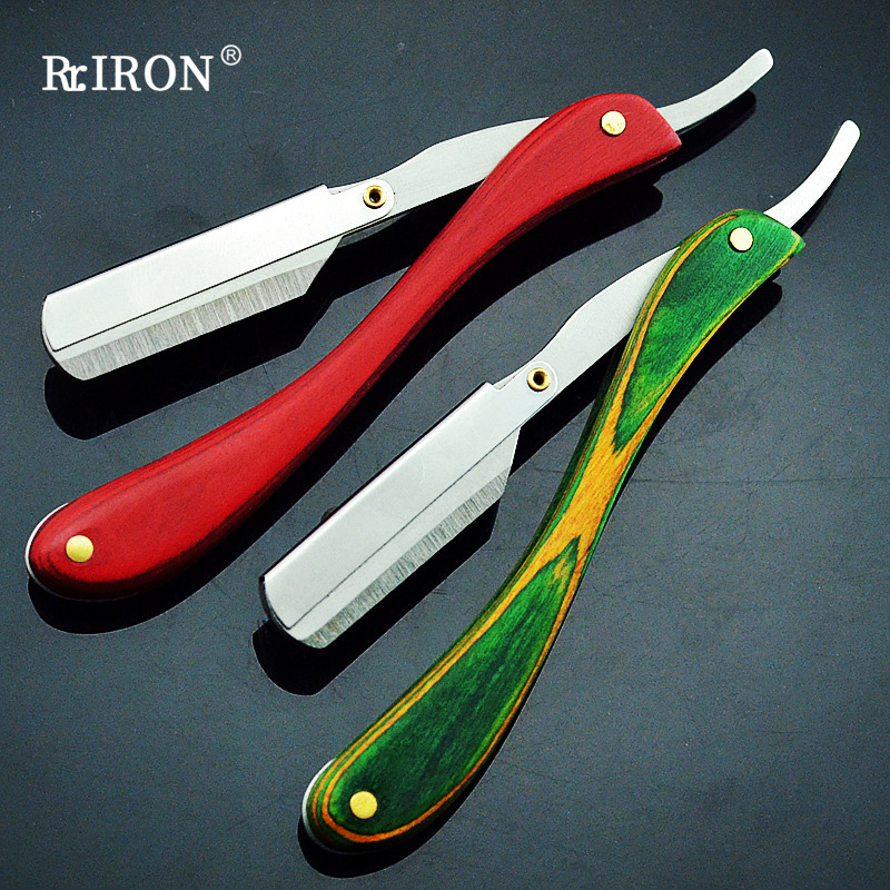 RIRON 전문 이발사 색상 나무 Handlefolding 얼굴 면도기 홀더 면도 및 머리 제거 스트레이트 면도기 칼